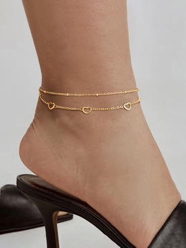 FindChic Black/Silver/Gold Plated Anklets Set of 2PCS/3PCS Herringbone Chain Cuban Link Heart Charm Sparkling Tennis Ankle Bracelets, Waterproof Summer Foot Jewelry for Beach - color: 07. Gold-Layered Heart Charm