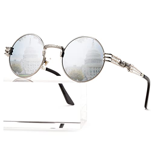 AIEYEZO Round Steampunk Sunglasses for Men Women Retro Circle Hippie Glasses Metal Frame 100% UV Blocking Lens - color: Silver/Silver Mirror