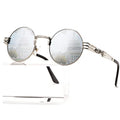 AIEYEZO Round Steampunk Sunglasses for Men Women Retro Circle Hippie Glasses Metal Frame 100% UV Blocking Lens - color: Silver/Silver Mirror