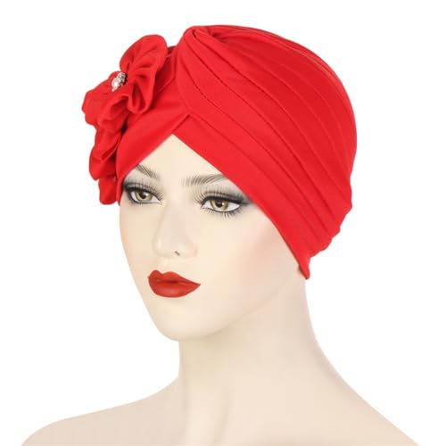Flower Turban Hats for Women - Ruffle Bead Stretch Solid Caps Chemo Cancer Pre Tied Headscarf Headwear - color: Red