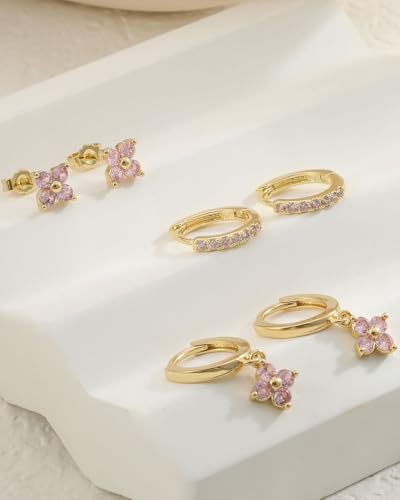 3 Pairs Gold Hoop Earrings Set for Women, Hypoallergenic 14K Gold Plated Huggie Earrings Stacks for Multiple Piercing Dainty Stud Earring Cartilage Birthstone Earring Women Jewelry Gift - color: 10. October(Tourmaline)