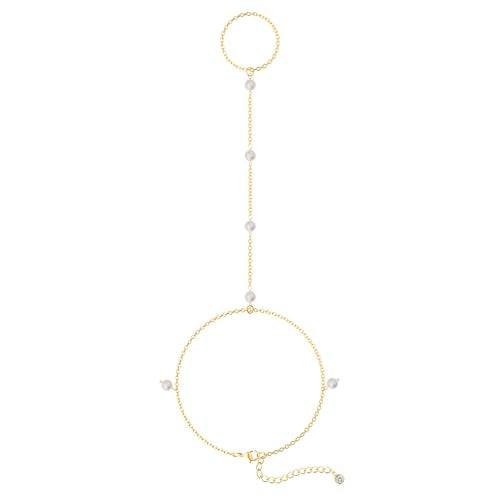 CHESKY 14k Gold Plated Hand Chain Bracelet for Women Trendy, Dainty Ring Bracelets Hand Chain Finger Nail Bracelet Simple Gold Hand Jewelry for Women Gifts - style: Pearl