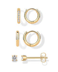 PAVOI Waterproof Huggie Hoop Earrings Set for Women - Stainless Steel Pack of 3 with Cubic Zirconia - Huggie Hoops, Stud & Luxe Styles - Trendy Fashion Piercing Jewelry - color: Yellow Gold