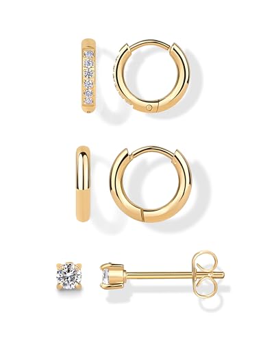 PAVOI Waterproof Huggie Hoop Earrings Set for Women - Stainless Steel Pack of 3 with Cubic Zirconia - Huggie Hoops, Stud & Luxe Styles - Trendy Fashion Piercing Jewelry - color: Yellow Gold