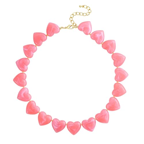 YUJIE Amber Acrylic Heart Choker Necklace for Women Vintage Punk Chunky Necklace Trendy Fashion Accessory - color: pink