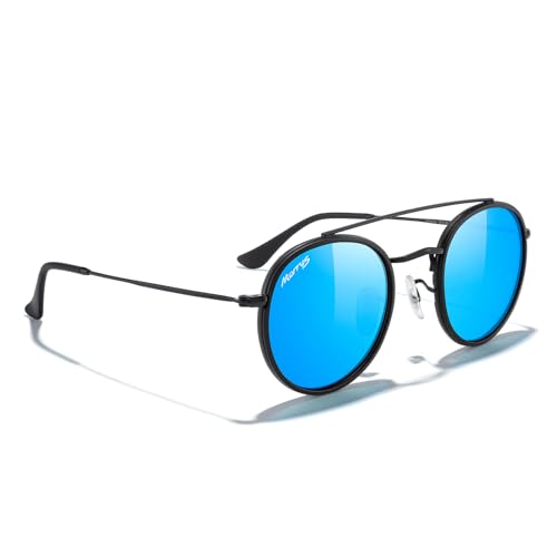 MERRY'S Retro Round Polarized Sunglasses - Unisex Double Bridge Sun Glasses - color: Matte Black Frame/Matte Black Bridge/Blue Mirror Lens