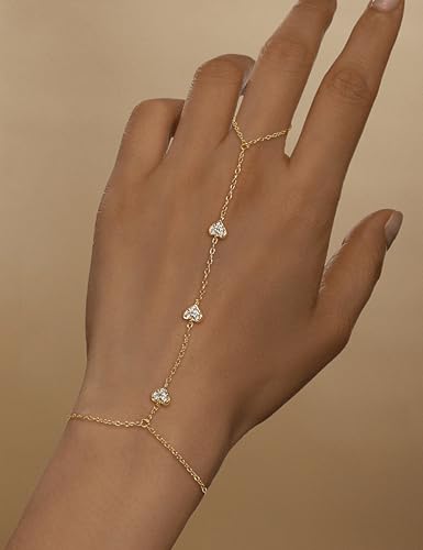 925 Sterling Silver Hand Chain Bracelet for Women,Non Tarnish 14k Gold Plated CZ Crystal Heart Starburst Ring Bracelets Hand Chain Dainty Diamond Layered Stackable Link Chain Beach Waterproof Graduation Wedding Gifts - color: GoldC