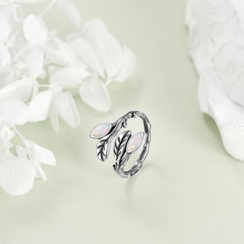 POPLYKE Sterling Silver Spoon Ring Vintage Thumb Rings Boho Adjustable Open Ring Statement Jewelry Gifts for Women - style: A-Opal Leaf