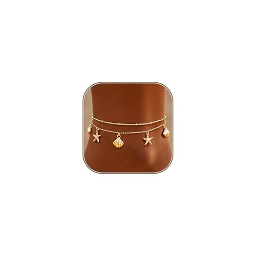 Gold/Sterling Silver Anklet Bracelets for Women Waterproof, Non Tarnish 925 Sterling Sliver Plated Heart Evileye Butterfly Charm, Dainty Summer Beach Anklets for Women, Beach Vacation Bikini Outfits for Her Mom - style: Starfish & Shell