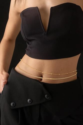 Gold Waist Chain for Women Dainty 14K Gold Plated Layered Belly Chain Adjustable Bikini Belly Beads for the Waist Waterproof Beach Accessories Body Chain Jewelry for Gifts - style: BY0001