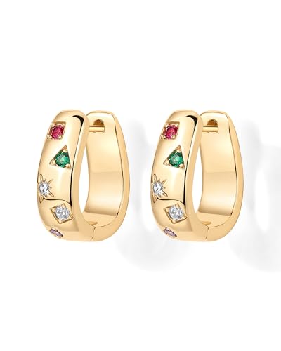 PAVOI 14K Gold Plated 925 Sterling Silver Posts Chunky Huggie Earrings for Women | Multi-Colored Cubic Zirconia Statement Hoop Earrings - color: Yellow Gold