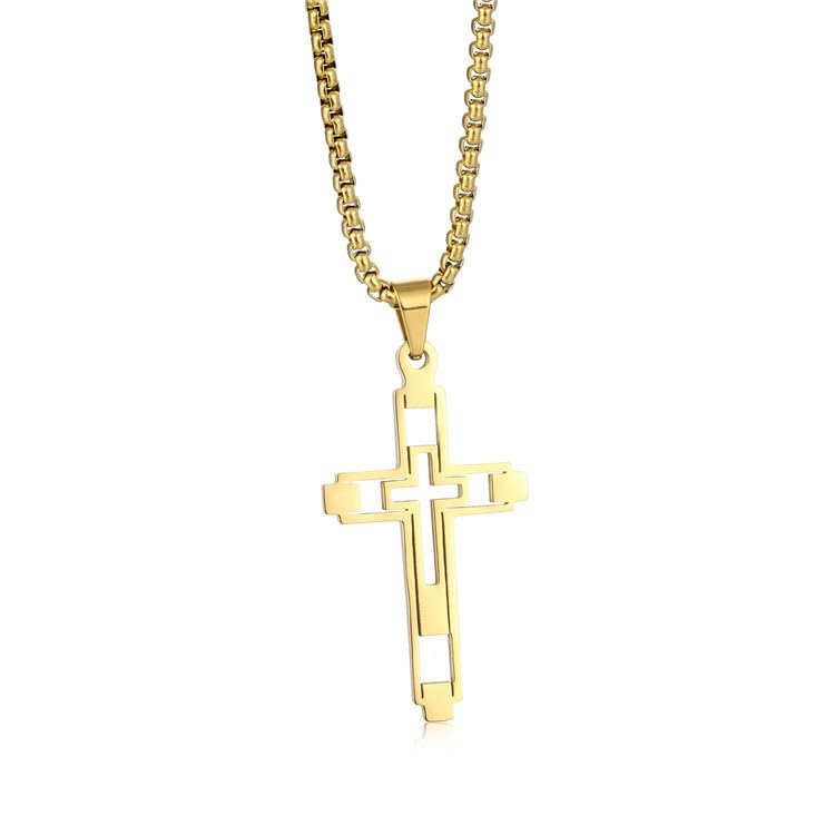 Bohemian style hollow fashion double cross stainless steel pendant necklace, suitable for men and women for daily casual fashion party gatherings religious amulets jewelry accessories gifts - color: Color: Gold