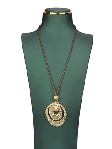 GelConnie Leather Necklace for Women Round Wooden Pendant Long Leather Choker Vintage Sweater Necklace Gold Chunky Boho Necklaces for Women - style: Crystal Gold Necklace