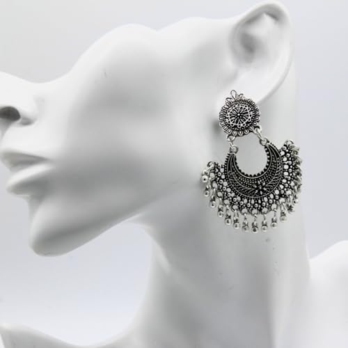 Boho Antique Carved Flower Dangle Drop Earrings for Women Vintage Retro Handmade Hollowed Antiqued Bronze Floral Shaped Geometric Gold Silver Plated Hoop Earrings for Ethnic Style Jewelry Gifts - color: Silver tassel