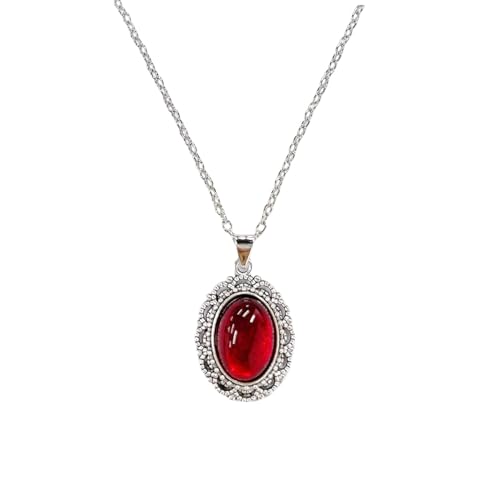 Vintage Oval Red Gemstone Pendant Antique Necklace for Women Goth Y2k Choker Punk Victorian Gothic Statement Crystal Cameo Oxidized Pewter Frame Charm Retro Clavicle Chain Halloween Party Jewelry 20'' - color: Red