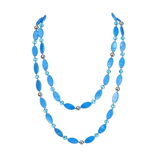 Long 48" Beaded Necklace for Women Boho Knot Strand Chunky Shell Crystal Beads Fashion Costume Jewelry for Gifts - color: Light Blue