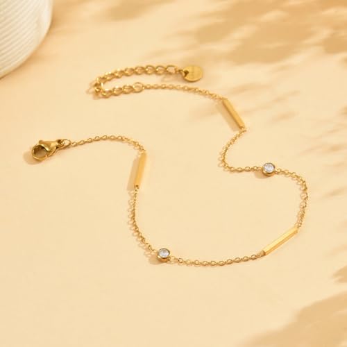 Anklet Bracelets for Women 18K Gold Plated Tennis Anklets Dainty Sapphire Paperclip Pearl Sequin Droplet Adjustable Large Anklet Bracelets Simple Beach Summer Waterproof Foot Jewelry - color: Bar CZ-Gold