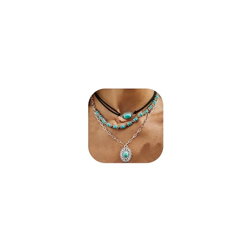 Western Necklaces Boho Turquoise Cross Necklace Set Navajo Pearl Beaded Layered Choker Cowgirl Christian Western Jewelry for Women - color: Style-E