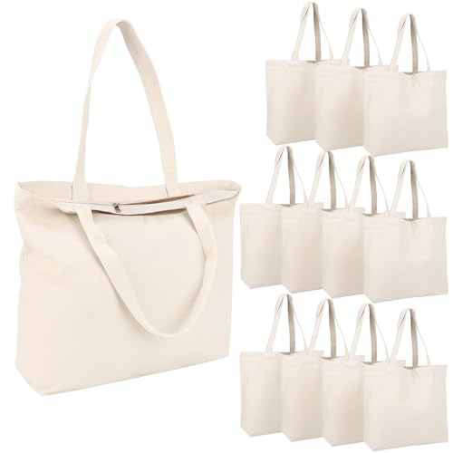 Segarty Canvas Tote Bag with Zipper, 12 Pack 16x13 Reusable Storage Bags for Women, Blank Canvas Tote Aesthetic with Natural Cotton Cloth, Shoulder Strap, Bulk for DIY, Grocery, Beach, Travel，Gift - size: 16.5"x13.4"x3.9", style: Beige_12pcs