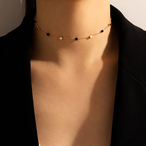 FUTIMELY Bohemia Green Beaded Beads Choker Necklace for Women,Simple Fresh Green Beaded Square Round Bead Choker Necklace - color: Gold+Black Gold Square