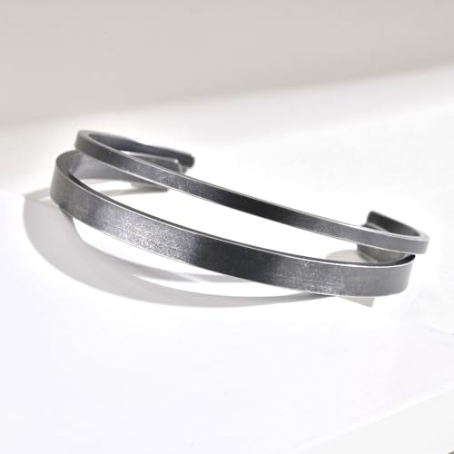 MEALGUET Stainless Steel Mens Cuff Bracelet : Minimal Cool Silver/Black/Gold Plated Open Metal Cuff Bangle Bracelets for Men,Mens Bracelet Jewelry Gift - color: Antique Grey-2-Pack, size: Medium( fit 5.5"-7.2" wrist)
