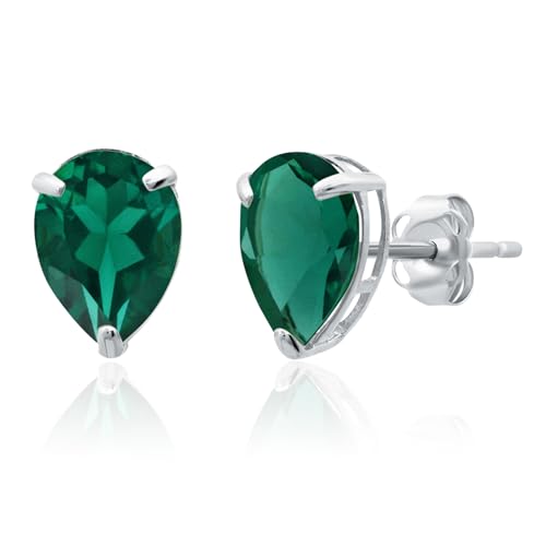 14k Yellow or White Gold Teardrop Gemstone Pear Shape Stud Earrings for Women with Push Backs and 8mm x 6mm Birthstone by MAX + STONE - color: Created Emerald