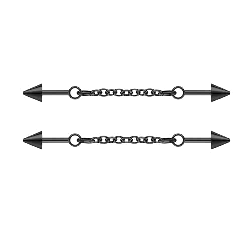 ZS 1 Pair Chain Piercing Jewelry, 16G Surgical Steel Industrial Stud Earring, Dangle Chain Bar Cartilage Helix Piercing for Women Men - color: 2PCS Black