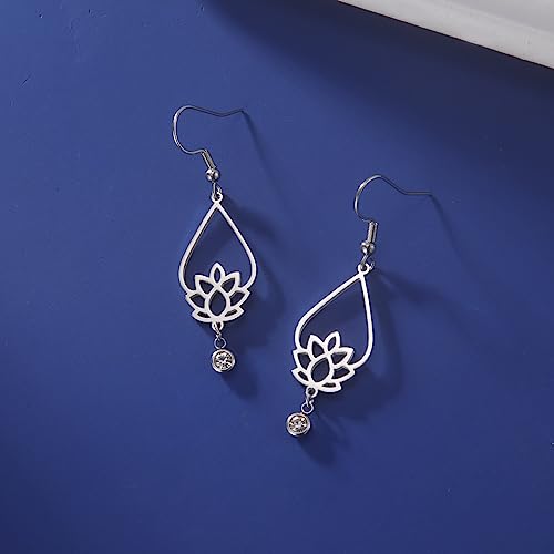 TEAMER Stainless Steel Lotus Flower Dangle Earrings Bohemian Drop Earring Unique Geometric Jewelry for Women - color: Lotus 6-Steel Color