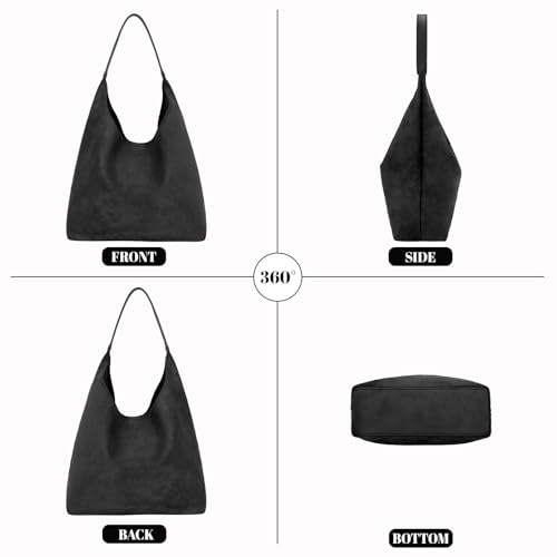 Suede Hobo Bags for Women Trendy Suede Shoulder Bag Slouchy Tote Handbag Suede Purse for Work Everyday | Suede Hobo Bags - color: Black