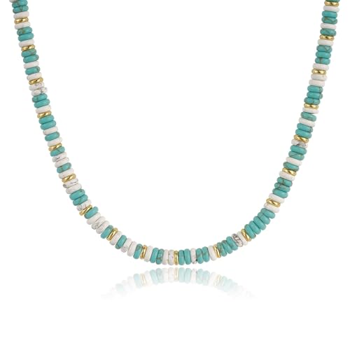 KissYan Boho Beaded Choker Necklace for Women, Gemstone Choker Natural Stone Freshwater Pearl Surfer Necklaces 14K Gold Plated Summer Beach Handmade Jewelry - color: L-Turquoise