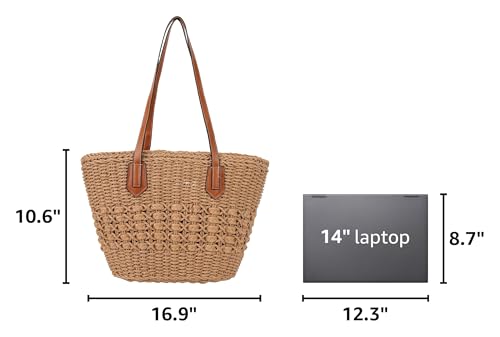 Women's Straw Shoulder Bag Large Rattan Woven Totes Summer Travel Beach Handbag Handmade Top Handle Purse - color: Coffee