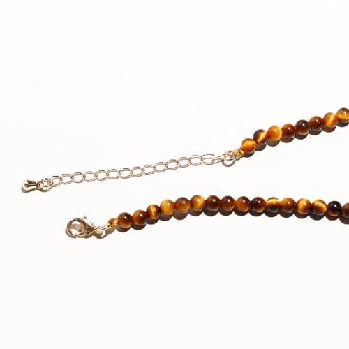 Simple Choker Necklace for Women Real Stone and Crystals Necklaces 4mm Beaded Choker Jewelry Meditation Gift for Women (16"+2") - style: Tiger's eye