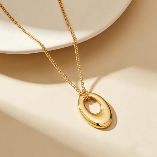 Dainty Oval Pendant Necklace for Women 18K Gold Plated Small Irregular Circle Charm Cute Boho Necklace Statement Chains Minimalist Jewelry - color: Gold