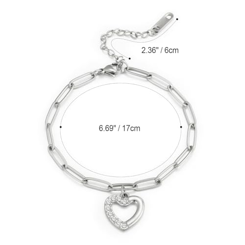 Emibele Heart Charm Bracelet for Women, Bible Verse Bracelet Stainless Steel 18K Gold Plated Bracelet Love Pendant Link Chain OT Clasp, Birthday Christmas Jewelry Gift for Mother Her - color: Silver Heart Charm