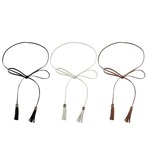 TeeYee Waist Belt Woven Knitted Rope/Chain PU leather 3 Pieces Tassel Rope Skinny Belt - color: 258blacktanwhite