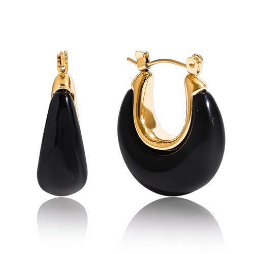 Fullpop Vintage Earrings for Women, Chunky 14K Gold Plated Resin Hoop Earrings Lightweight Hollow Drop Earrings Hypoallergenic Earrings for Women Vintage Anthropologie Jewelry Gifts for Women - size: U Shape-Black