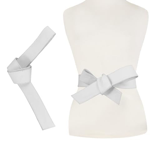 Woman's Obi Sash Tie Plus Size Waist Band Wide Solid Color Genuine Leather Belt - color: White