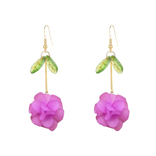 Resin Flower Cluster Ball Dangle Drop Earrings for Women Spring Summer Bohemian Floral Petal with Green Leaf Earrings Vacation Party Jewelry - color: Violet