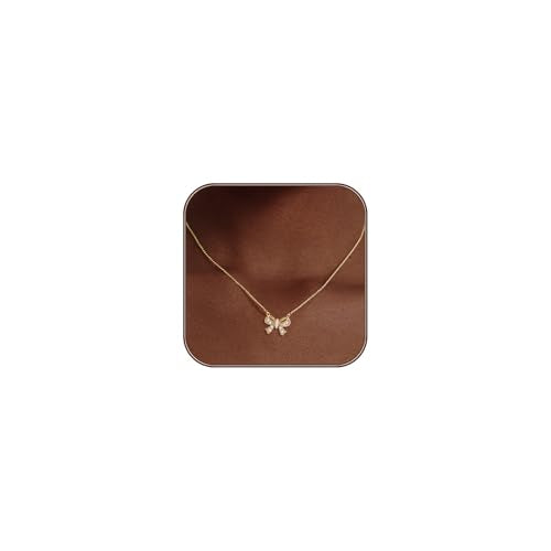 OGD Gold Necklace for Women, Bow Necklace 14K Layered Gold Necklace Dainty Bow Pendant Choker Necklace Trendy Bow Necklace Gold Chain Necklaces for Women Jewelry Gift - color: Pearl CZ Bow-Gold