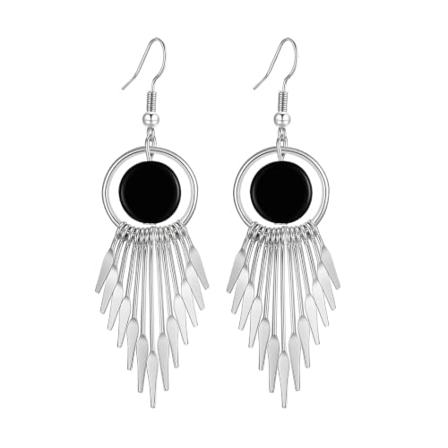 Silver Dangle Earrings For Women Trendy,Boho Cute Drop Western Earings,Vintage Gothic Ethnic Statement Beach Vacation Long Earrings with Leaf Teardrop Turquoise Crystal Tassels,Fashion Jewelry Birthday Gift. - color: A59) Silver Plated Tassels Dangle