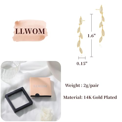 LLWOM 14K Gold/White Gold Plated CZ/Flower/North Star/Leaf Dangle Drop Earrings Studs for Women, Statement Earrings for Wedding Party Prom, Hypoallergenic Jewelry Gift - color: Gold Leaf