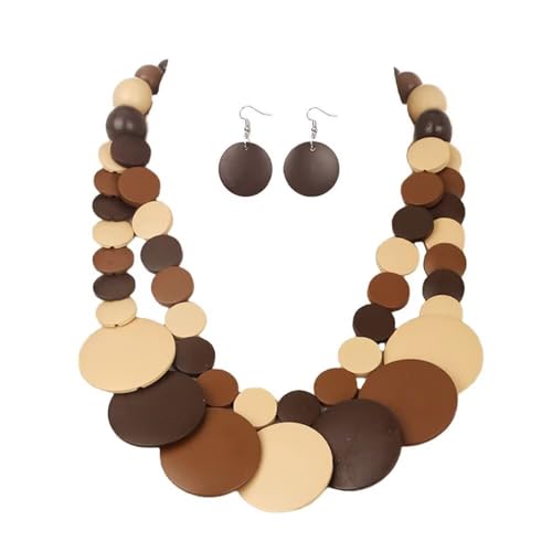 Zian Colorful Wooden Round Beaded Necklace Earrings Jewelry Set for Women Multicolor African Wood Beads Geometric Ethnic Choker Bohemian Statement Accessories - color: Brown