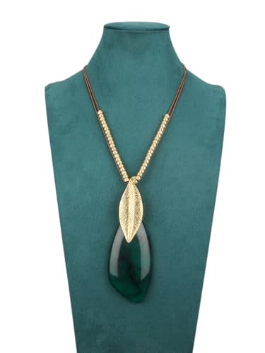 GelConnie Long Necklaces for Women Boho Large Pendant Necklace Casual Bohemian Brown Leather Choker Sweater Circle Statement Stone Necklace - style: Green Leave Gold Necklace