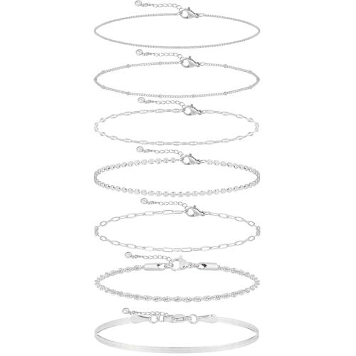 Kyerlyn Silver Bracelets for Women Trendy Waterproof Silver Dainty Bracelet Stack Adjustable Layered Bracelet Set Minimalist Fashion Jewelry