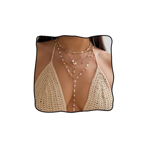 Layered Gold Flower Shell Pearl Necklaces for Women Long Pearl Y-Shaped Necklace Trendy Gold Flower Shell Pendant Necklace Dainty Pearls Choker Summer Jewelry Accessories Gift - color: A3:summer layered necklaces