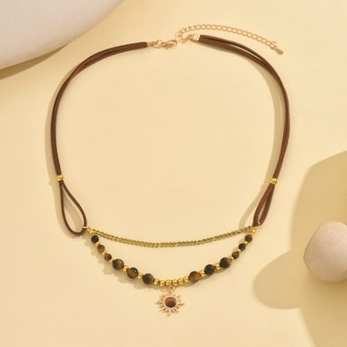 MYANAIL Tigers Eye Stone Sun Pendant Layered Necklaces for Women 14K Gold Maillard Tiger's Eye Beaded Choker Necklace Jewelry Accessory Spiritual Healing Stone Stacked Chain Necklaces - color: Brown