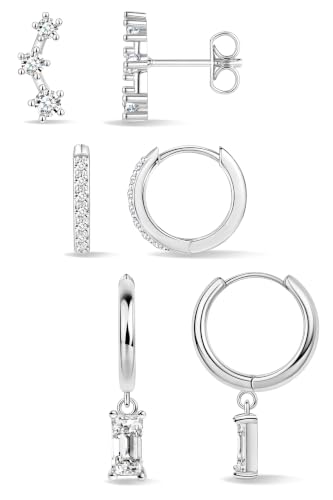 Poxtex Small Sterling Silver Huggie Hoop Earrings Set for Women, Hypoallergenic 14K Gold Plated Hoops Stacks for Multiple Piercings, Dainty Cute Mini Lightweight Cartilage Studs Trendy Jewelry Gift - color: Silver-dangle climber