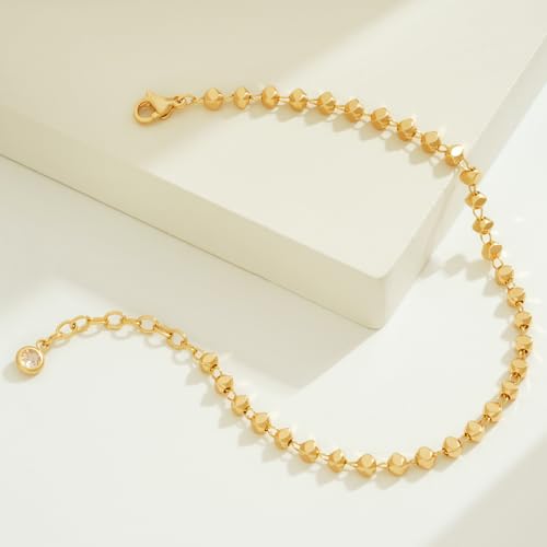BENEIGE Women Bracelet 14K Gold Plated Paperclip Satellite Bead Ball Oval Cuba Cable Box Chain Daily Charm Layered Link Silver Bracelets Adjustable Jewelry - style: Beaded Square