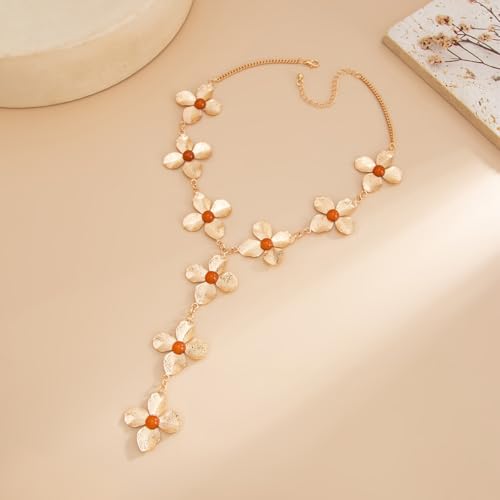 Gold Flower Y Chain Necklace for Women Layered Flower Pendant Choker Long Rhinestone Chain Necklace Party Prom Jewelry - color: Gold A