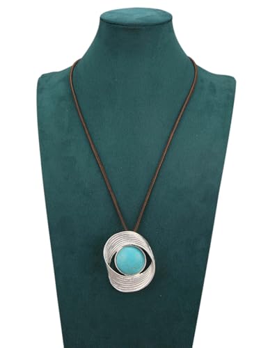 Kelake Leather Necklace for Women Men Teen Vinatge Boho Alloy Pendant Choker Jewelry Fashion Sweater Necklaces with Adjustable Genuine Leather Chain - color: Blue Turquoise Silver Swirl Pendant